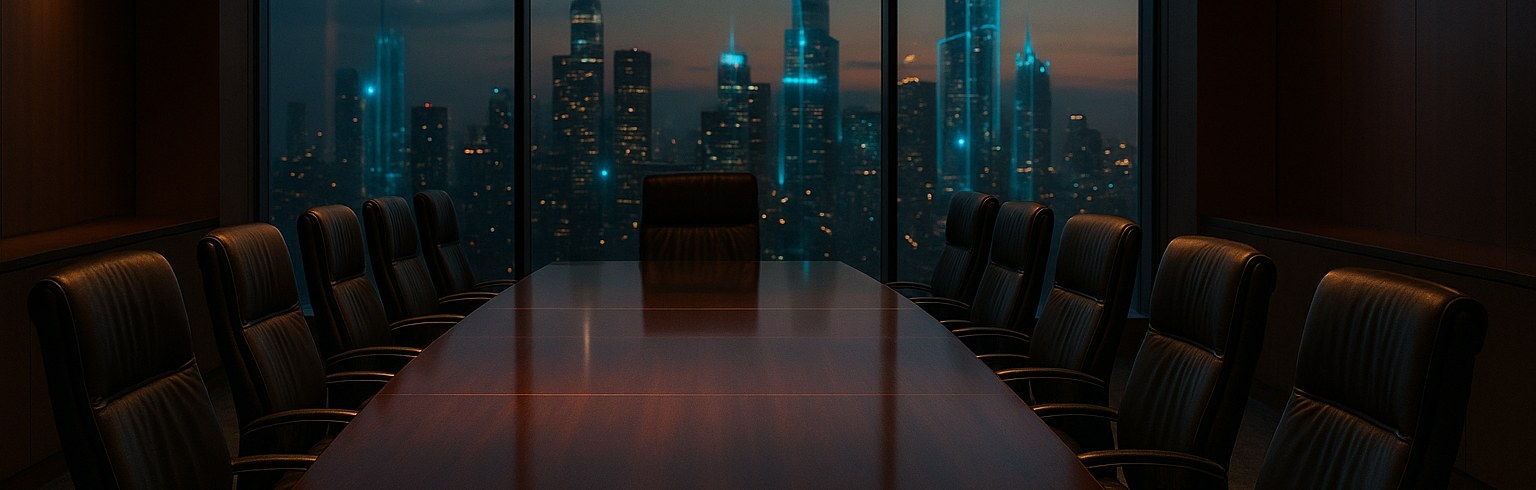 An empty corporate boardroom overlooking a futuristic city skyline
