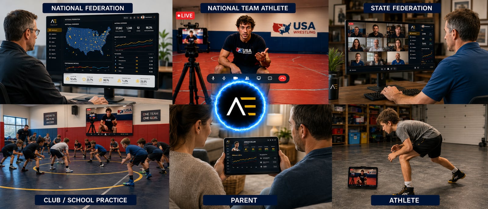 Aether embedded across a federation — national teams, state federations, clubs, coaches, parents, and athletes on one connected network