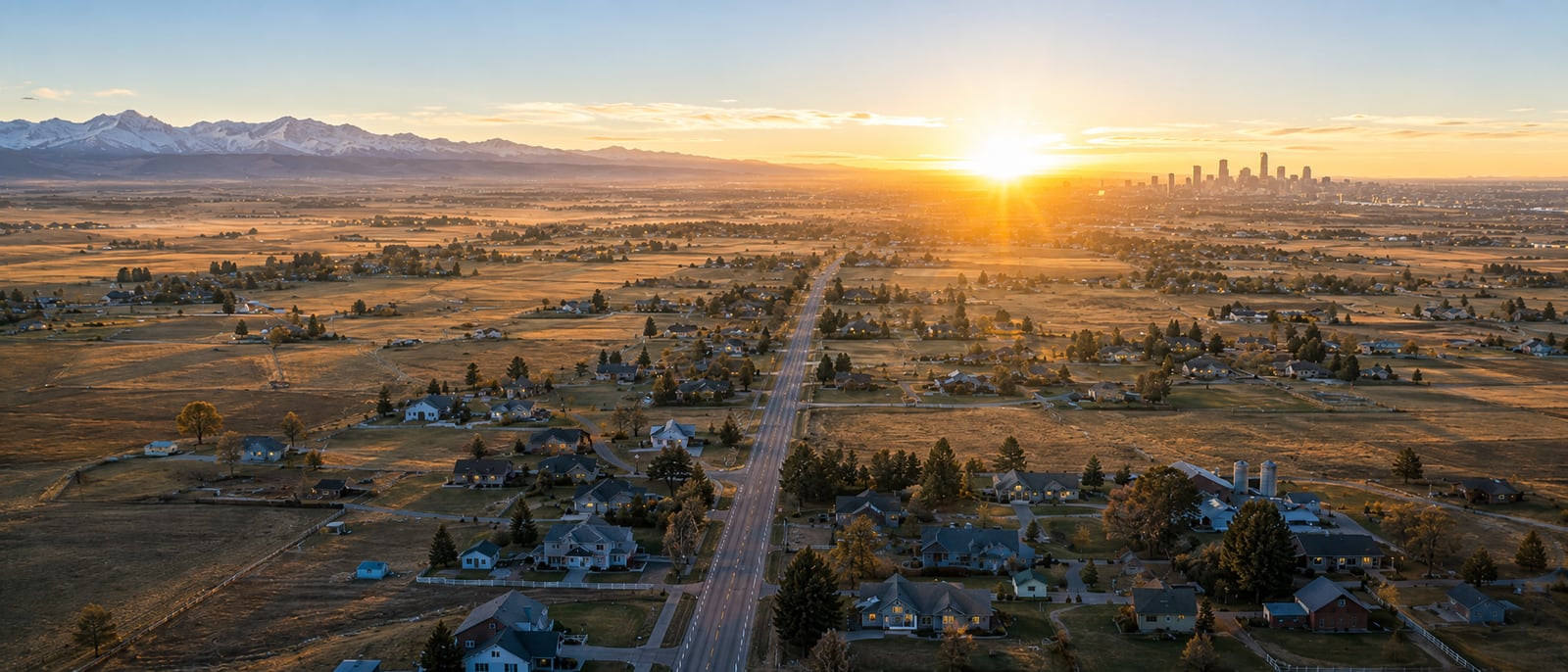 A long road stretching from rural homes toward a distant city skyline at dusk — the distance between talent and opportunity